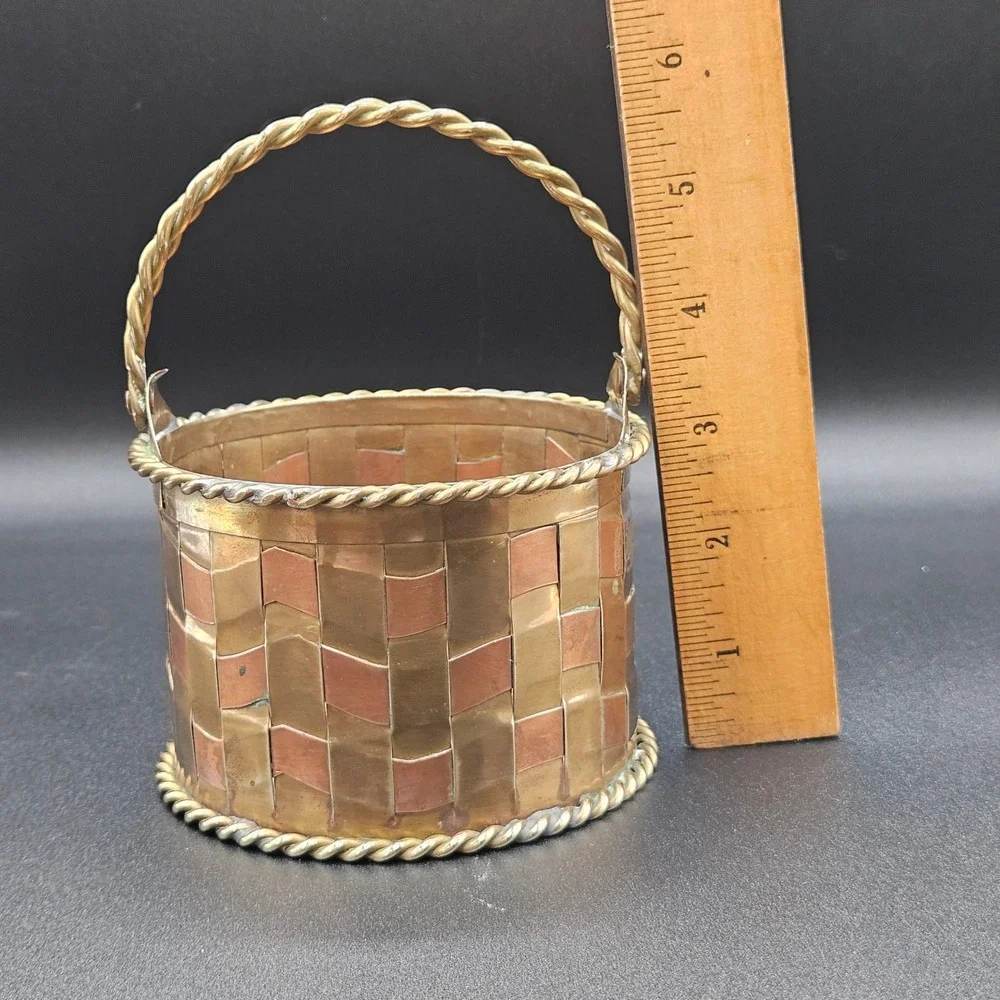 Vintage Penco Brass and Copper Woven Basket Twisted Handle Made in India 6in